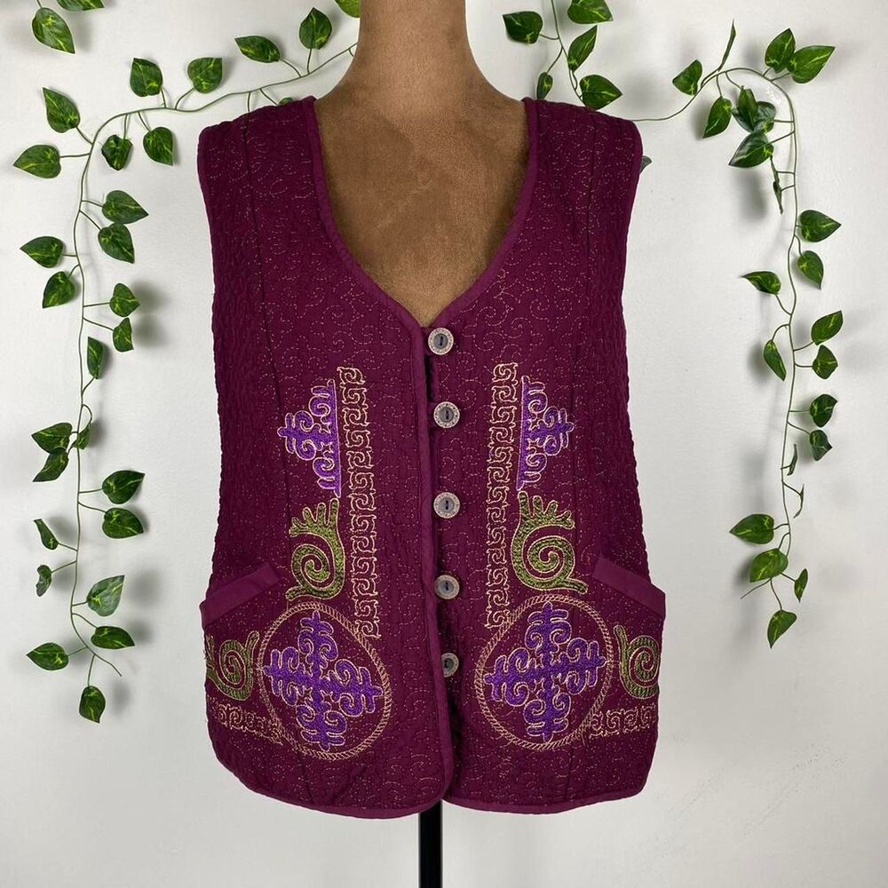 Purple & green embroidered vest quilted gold stitching oriental burgundy ornate